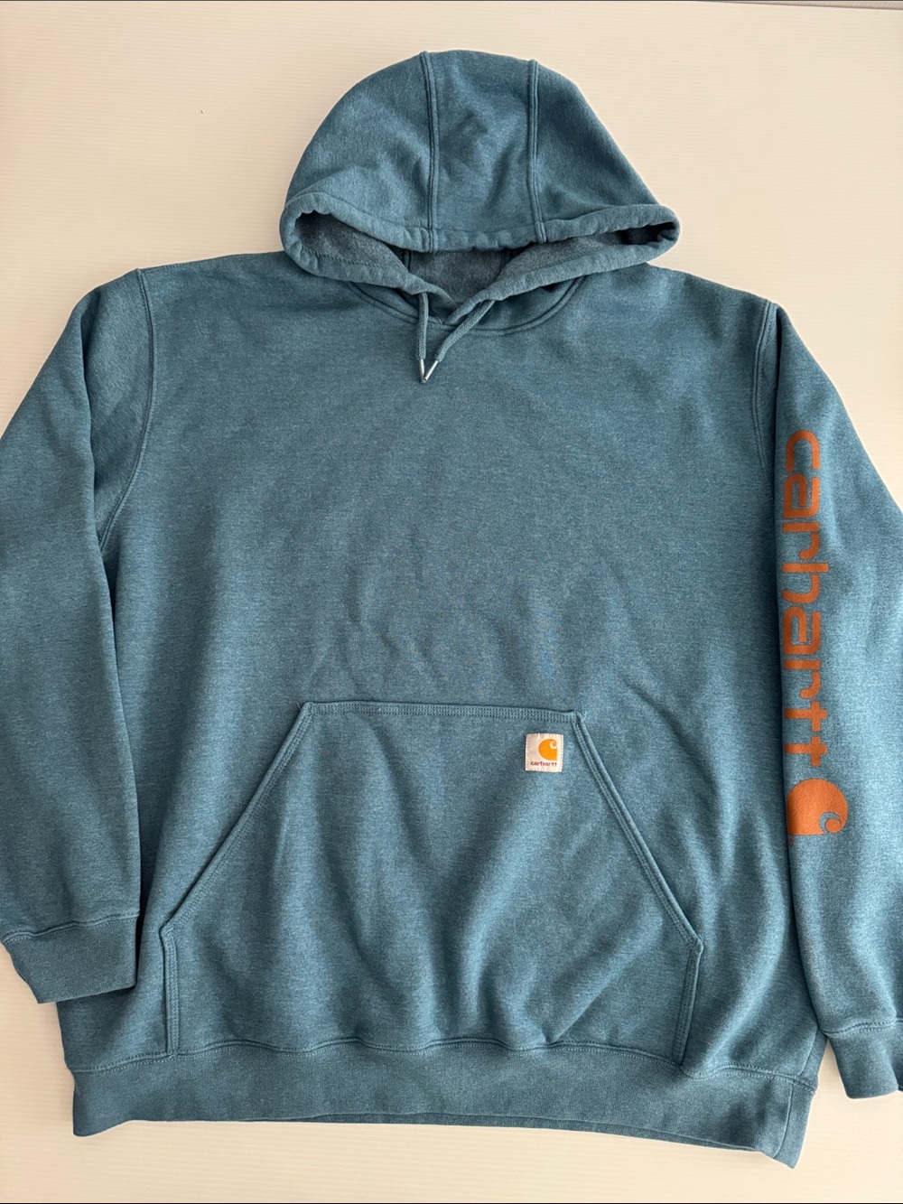Carhartt Teal Hooded Sweatshirt with Orange Sleeve Logo